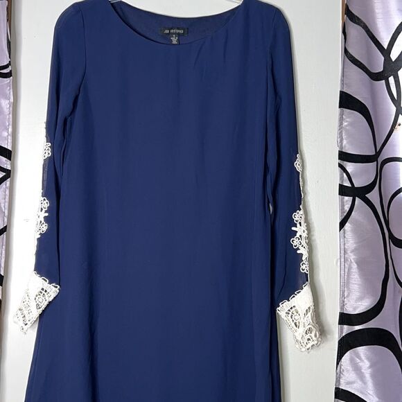 Jodi Kristopher dark blue shift dress with semi sheer lace sleeves size small - Picture 4 of 14